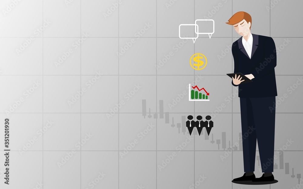 A business person is checking business information from a tablet . Looks serious because the business is affected by the corona virus.icon,vector,illustration. A business person is checking business information from a tablet . Looks serious because the business is affected by the corona virus.icon,vector,illustration.