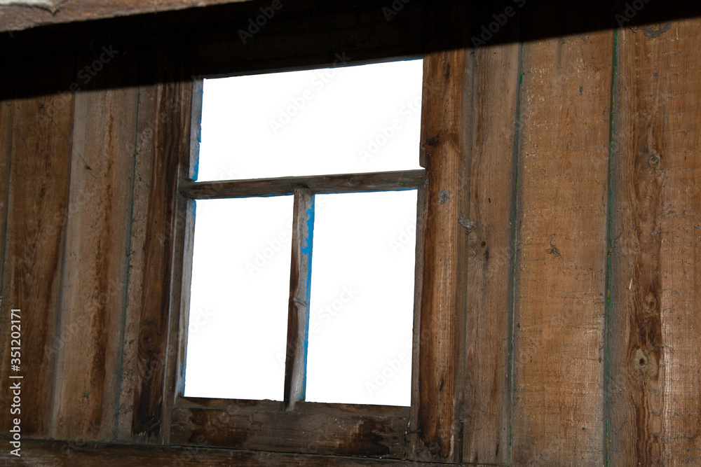 Rustic window with empty white space behind on wooden wall. Old ...