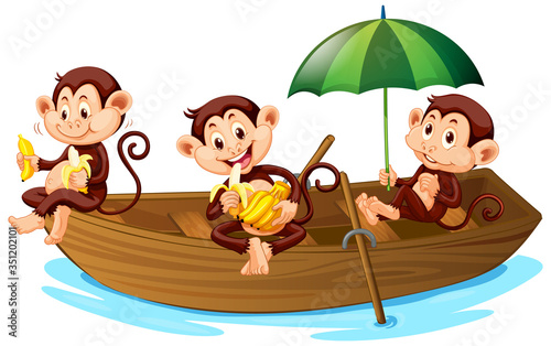 Three monkeys eating banana on the boat