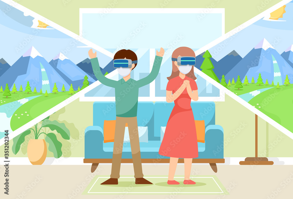 Young couple in home lockdown with face masks using VR technology for holiday vacation tours - Two people wear virtual reality tech for online travel research - Leisure and lifestyle vector concept. Young couple in home lockdown with face masks using VR technology for holiday vacation tours - Two people wear virtual reality tech for online travel research - Leisure and lifestyle vector concept.