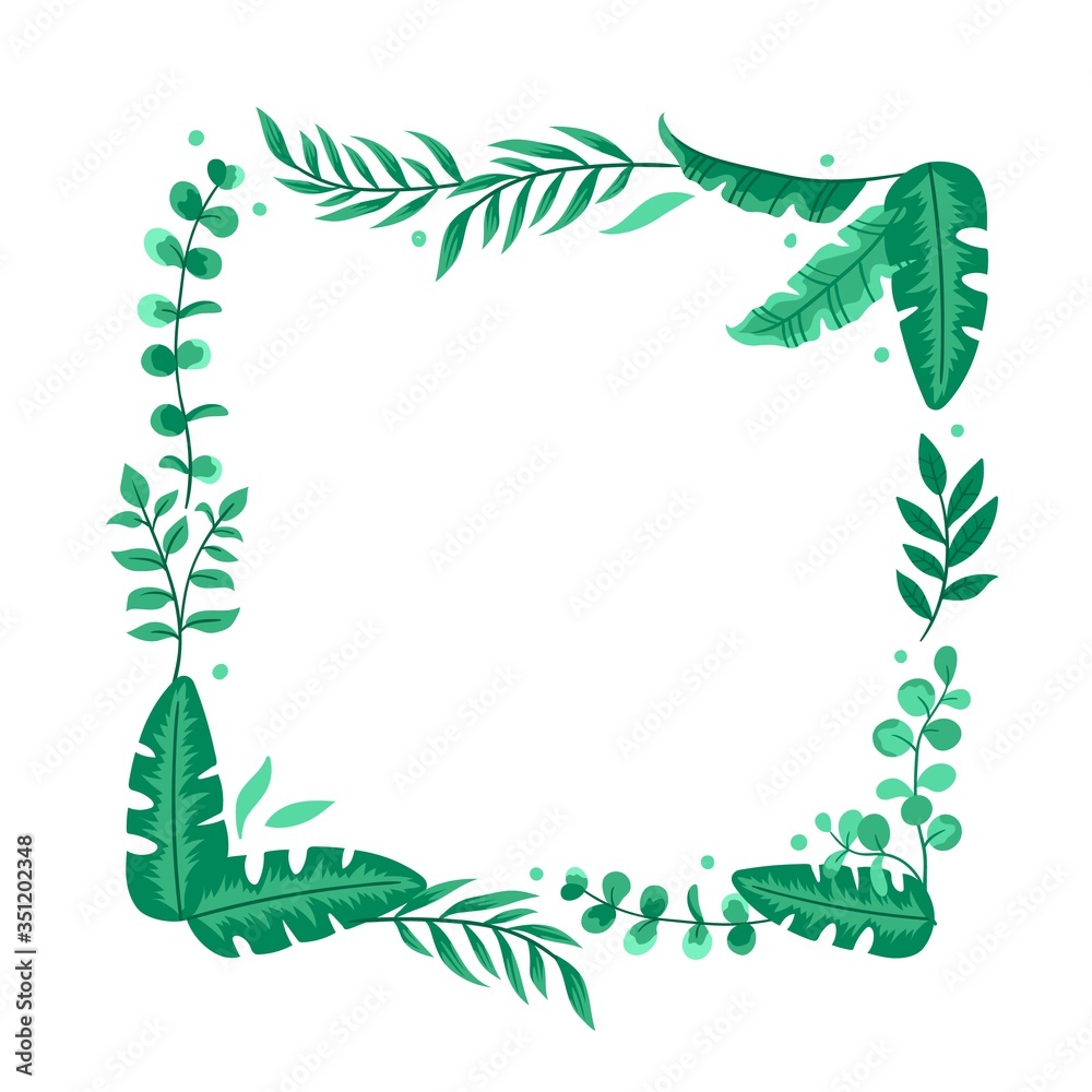 Floral design card with green eucalyptus, tropical leaves. Beautiful greeny frame. Vector illustration for wedding invitation, ad, and social media.