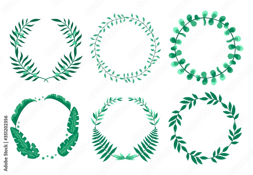 Set of circle floral frames with green leaves. Eucalyptus, palm, fern, and olive leaves. Floral design for banners, sales, promotions. Vector hand-drawn illustrations.