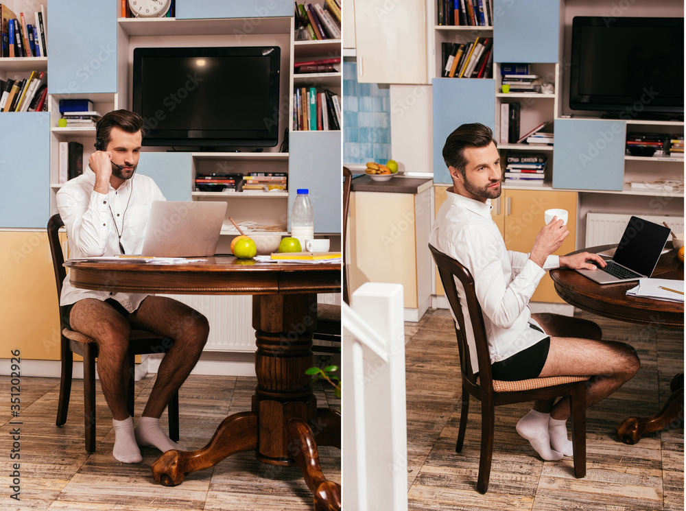 Collage of man in shirt and panties drinking coffee and working with laptop at home Collage of man in shirt and panties drinking coffee and working with laptop at home