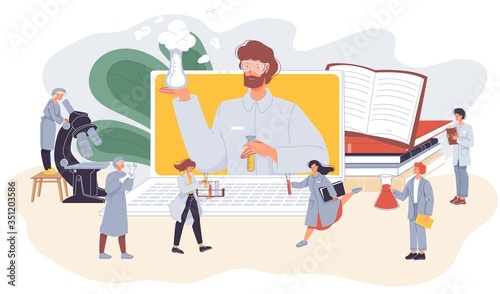 Online science internet class. Chemistry e-learning. Internet laboratory. Video tutorial. Professor teacher show experiment results on laptop screen. Scientist researcher studying conducting test