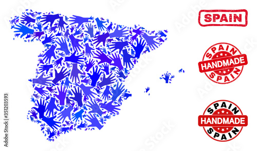 Vector handmade combination of Spain map and grunge watermarks. Mosaic Spain map is created of scattered blue hands. Rounded and awry red watermarks with grunge rubber texture.