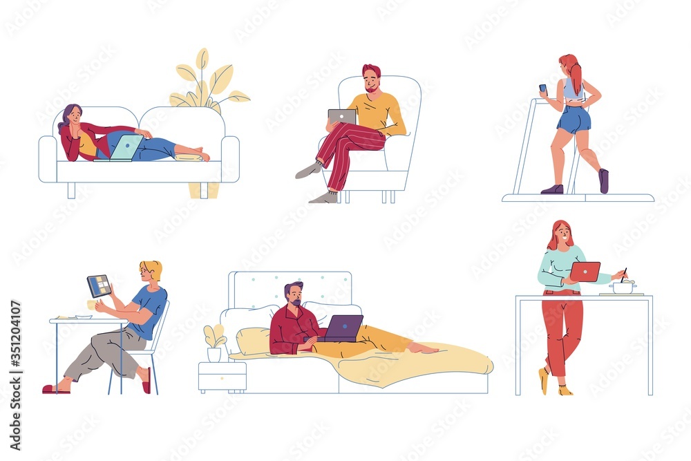 People use digital gadget. Man woman rest, do sport, work, cook, watch video on laptop, mobile tablet, phone at home. Wireless connection, technology globalization, reach ability. Internet surfing