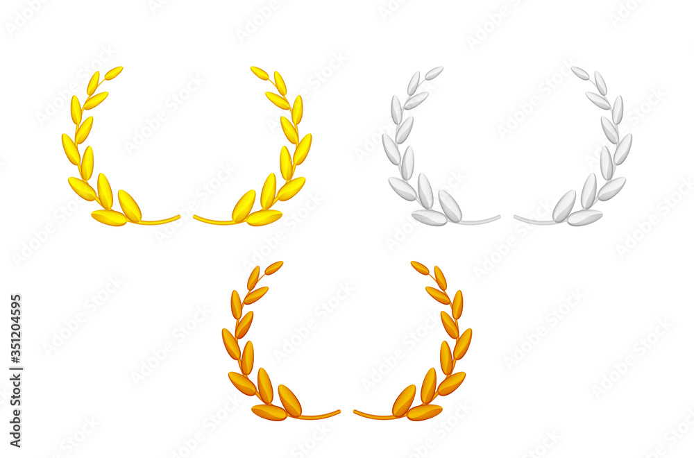 laurel wreath gold silver and copper set isolated on white, circle ...