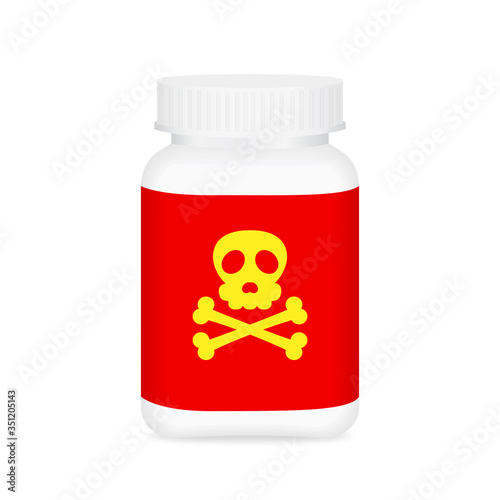 drug poison, dangerous drug bottle isolated on white background, medical bottle and poison label sign