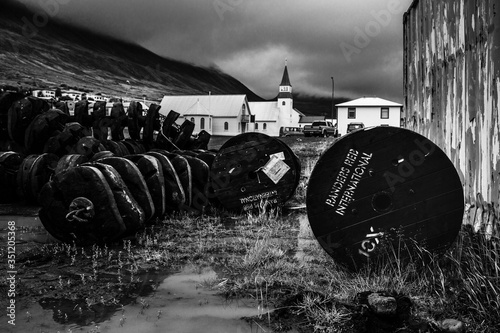 Landscape in the town of Ólafsfjörður in the north of Iceland. You can see abandoned objects in the old port.