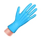 Rubber latex gloves, blue. Hand of a man in a glove made of rubber. Protective medical and home equipment to protect against infection and dirt. Realistic 3D Isolated on a white background. Vector.