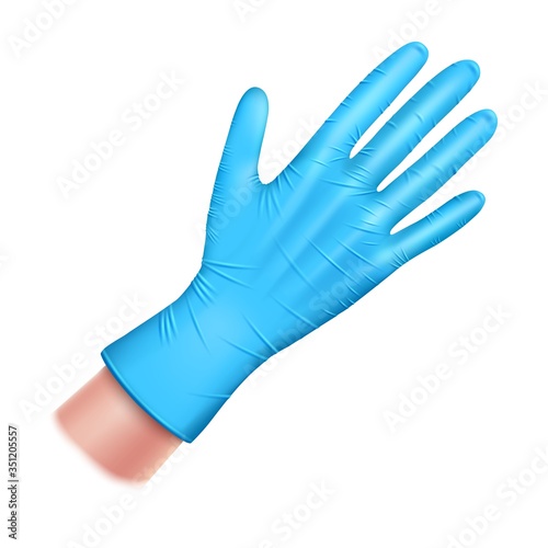 Rubber latex gloves, blue. Hand of a man in a glove made of rubber. Protective medical and home equipment to protect against infection and dirt. Realistic 3D Isolated on a white background. Vector.