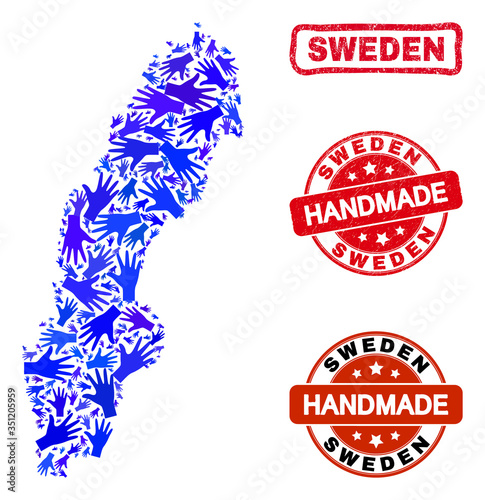 Vector handmade combination of Sweden map and rubber stamp seals. Mosaic Sweden map is designed of random blue hands. Rounded and awry red seals with corroded rubber texture.