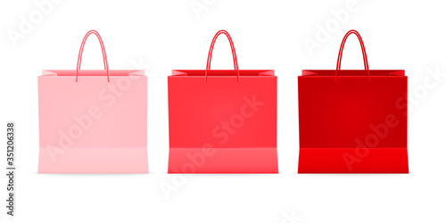 Realistic set of paper shopping bags packaging, for Shopping goods and products transportation shoppings from shop or grocery. Vector illustration isolated on white background