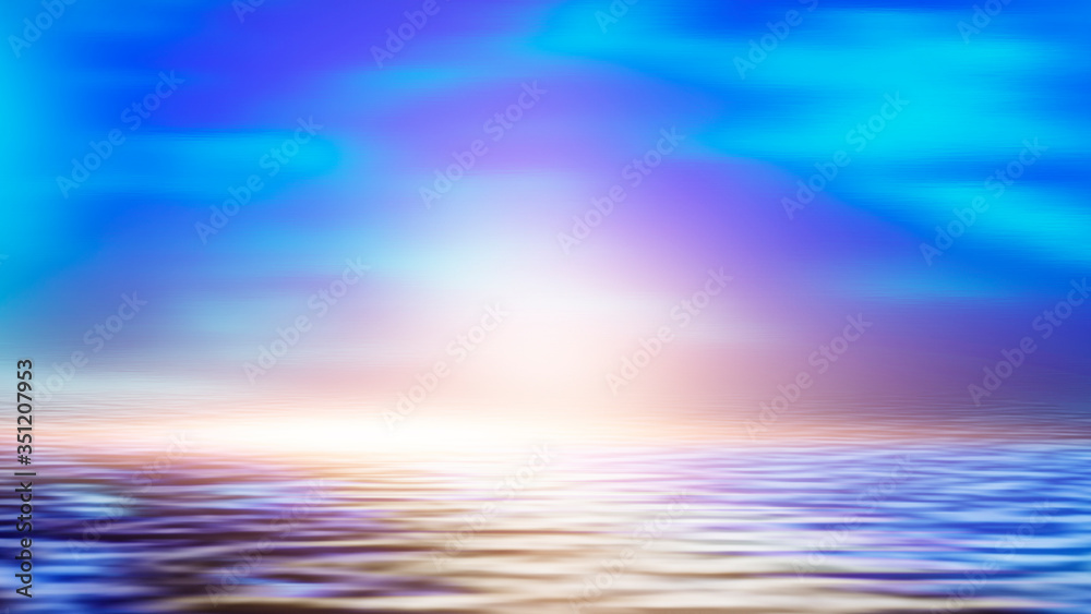 Obraz premium Sea landscape, sea surface. Blue sky, clouds, sunlight, rays. Empty natural scene in the open air. Blurred abstract background. Background of a sea landscape. Blue sky with clouds over the sea. 