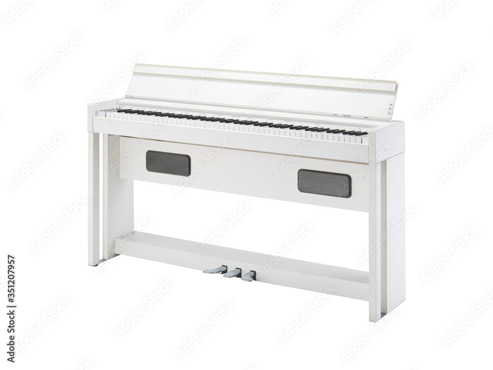 White Digital Upright Piano, Music Instrument Isolated on White background White Digital Upright Piano, Music Instrument Isolated on White background