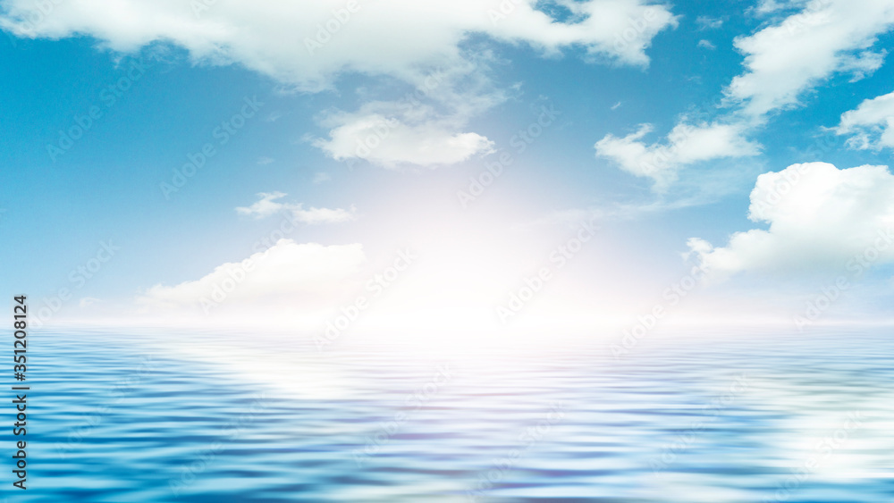 Sea landscape, sea surface. Blue sky, clouds, sunlight, rays. Empty natural scene in the open air. Blurred abstract background. Background of a sea landscape. Blue sky with clouds over the sea. 