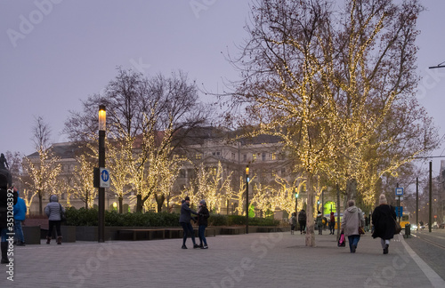 Christmas illuminated trees next to Budapest parliament © vadiml