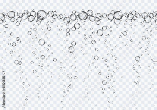 Bubbles underwater texture isolated on transparent background. Vector fizzy air, gas or oxygen under water. Realistic champagne drink, soda effect template