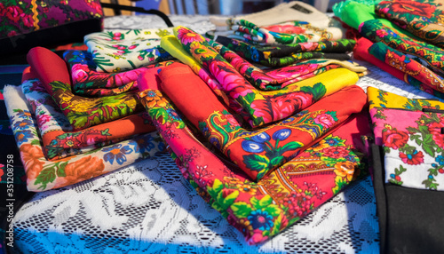 Colorful scarves for sale at christmas tradition market. Budapest, Hungary