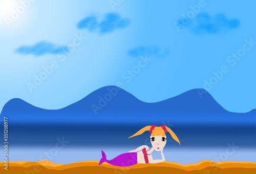 Hand drawn cartoon summer time graphic illustrations art background with ocean beach landscape, blue sunset and cute girl mermaid.