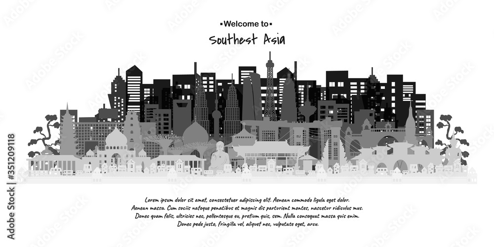 Fototapeta premium Southeast Asia Landmarks Travel postcard, poster, tour advertising of world famous landmarks. Vectors illustrations