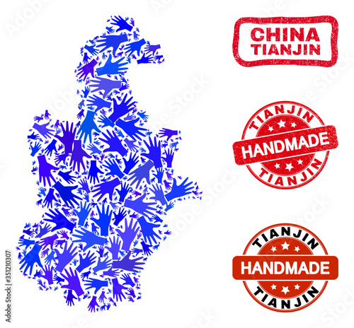 Vector handmade collage of Tianjin City map and rubber stamp seals. Mosaic Tianjin City map is created with random blue hands. Rounded and awry red stamp imprints with distress rubber texture.