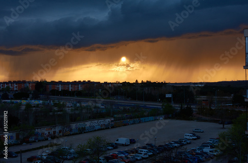 Sunset during a storm in Madrid. Spain