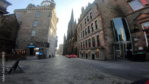 4K Shot.  Deserted approach to Edinburgh Castle, due to Corona Virus Pandemic.  This street is in Edinburgh's Old Town, normally busy with tourists and shoppers. photo