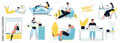 People freelancer working on laptop at home scenes set. Man woman programmer, software developer, designer sitting on sofa, armchair, cooking, at table indoor work. Remote business, comfort workplace