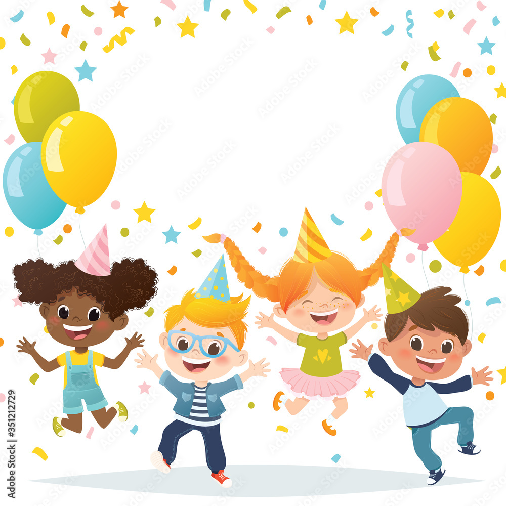 Vector set of multiracial kids jumping and laughing on party. Invitation card design. Vector set of multiracial kids jumping and laughing on party. Invitation card design.