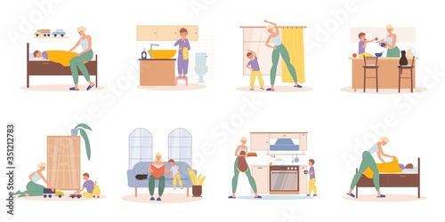 Mother preschool son daily activities scene set. Everyday mom wake-up, training, reading story, cooking, get to bed boy. Child sleep, having hygiene procedure, eating breakfast dinner, playing toy car