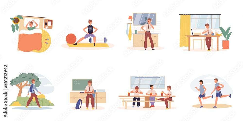 Teenager boy daily schedule activities scene set. Sleeping, exercising, brushing teeth, eating breakfast, going school to study, class work, meeting classmates on lunch, playing basketball everyday