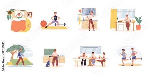 Teenager boy daily schedule activities scene set. Sleeping, exercising, brushing teeth, eating breakfast, going school to study, class work, meeting classmates on lunch, playing basketball everyday © VectorSpace