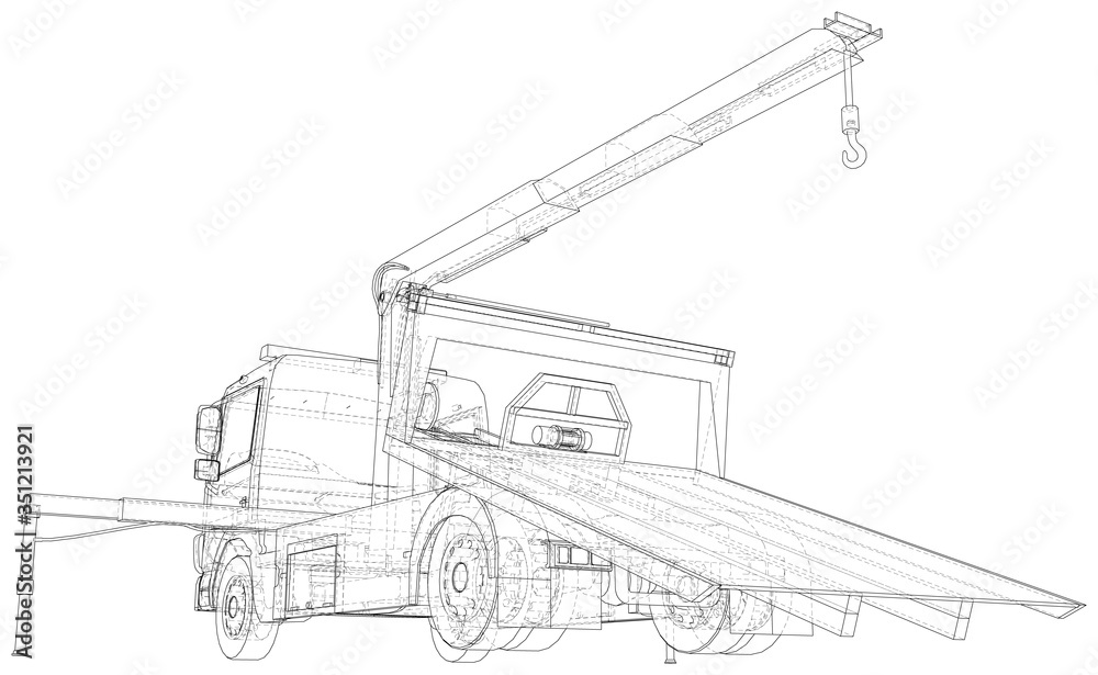 Roadside assistance tow truck illustration car vector. Isolated Wire-frame of breakdown lorry. Wire-frame line isolated. Vector rendering of 3d.