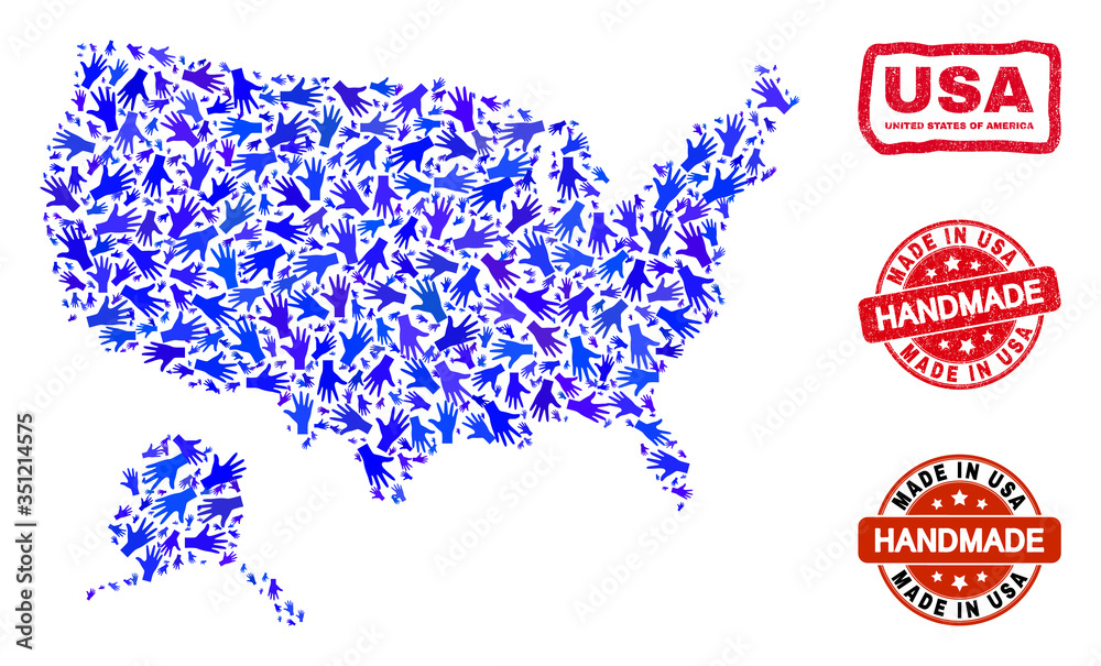 Vector handmade composition of USA with Alaska map and corroded watermarks. Mosaic USA with Alaska map is designed of random blue hands. Rounded and rough red watermarks with unclean rubber texture. Vector handmade composition of USA with Alaska map and corroded watermarks. Mosaic USA with Alaska map is designed of random blue hands. Rounded and rough red watermarks with unclean rubber texture.