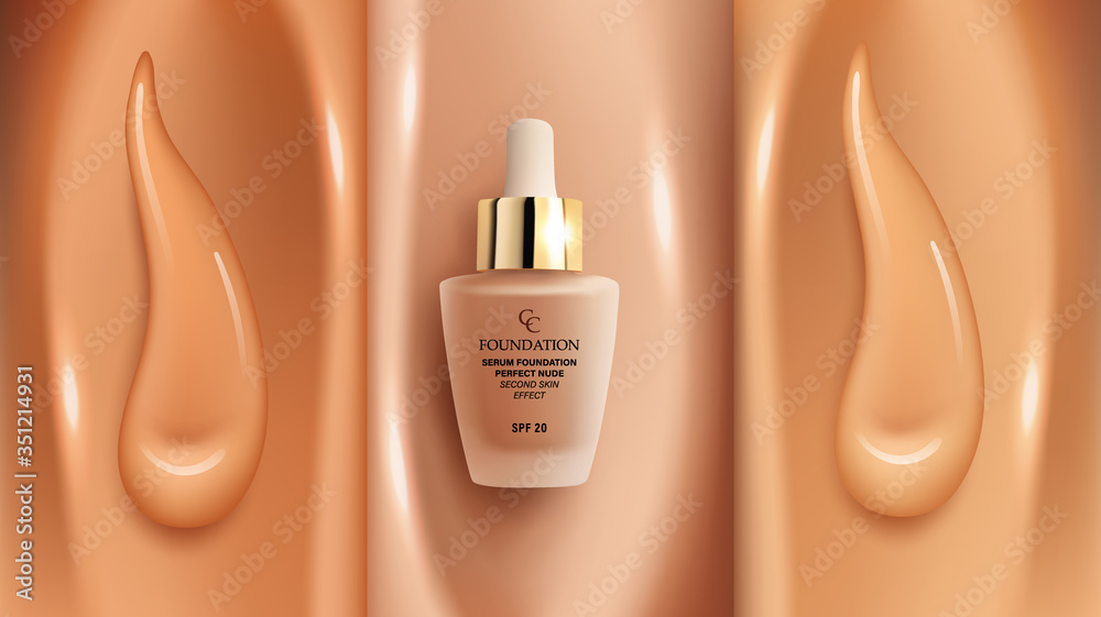 Foundation makeup background with different shades of face cream concealer  and glass tube of foundation packaging mock up, apadvertising design  template for catalog, vector illustration. Stock Vector | Adobe Stock