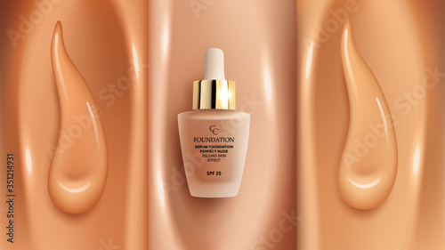 Foundation makeup background with different shades of face cream concealer and glass tube of foundation packaging mock up, apadvertising design template for catalog, vector illustration.