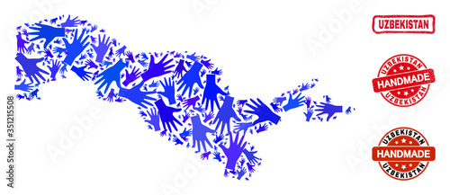 Vector handmade composition of Uzbekistan map and rubber stamp seals. Mosaic Uzbekistan map is composed of randomized blue hands. Rounded and awry red watermarks with grunge rubber texture.