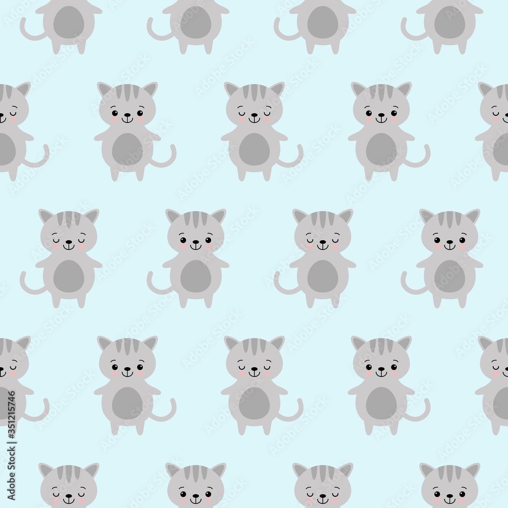 Vector illustration. Seamless pattern. Funny kawaii cats. Cute cartoon cats in grey colors. Vector cats.