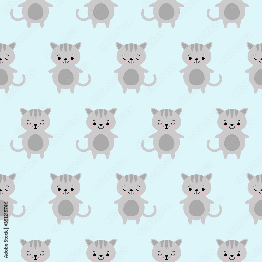 Vector illustration. Seamless pattern. Funny kawaii cats. Cute cartoon cats in grey colors. Vector cats. Vector illustration. Seamless pattern. Funny kawaii cats. Cute cartoon cats in grey colors. Vector cats.