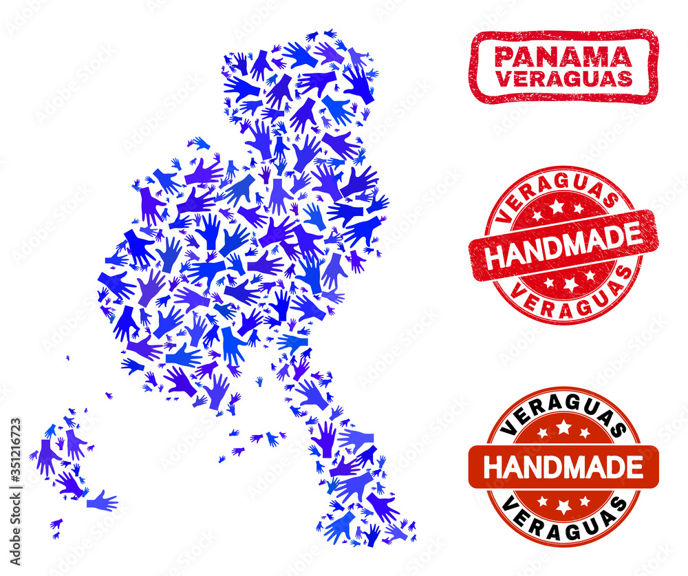 Vector handmade collage of Veraguas Province map and scratched stamp seals. Mosaic Veraguas Province map is composed of randomized blue hands. Vector handmade collage of Veraguas Province map and scratched stamp seals. Mosaic Veraguas Province map is composed of randomized blue hands.