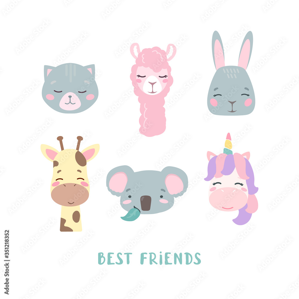 Set of vector animals in cartoon style. Cute smiley unicorn, bunny, llama, cat, giraffe and koala faces, isolated on white background with the signature Best friends. Delicate pastel colors for babies