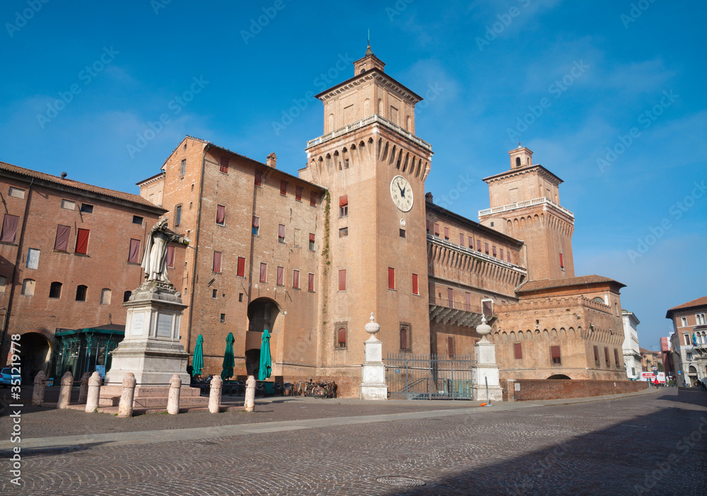 Ferrara - The castle Castello Estense with the memorial of Girolamo Savonarola.