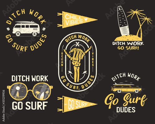 Vintage summer logos, surfing badges set. Hand drawn labels designs. Travel expedition, wanderlust and hiking. Outdoor emblems. Logotypes collection. Stock isolated on black background