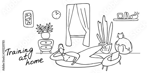 Sport exercise and physical activity at home. Young woman training, getting fit at home. Stay physically active during self-quarantine. Hand drawn vector illustration