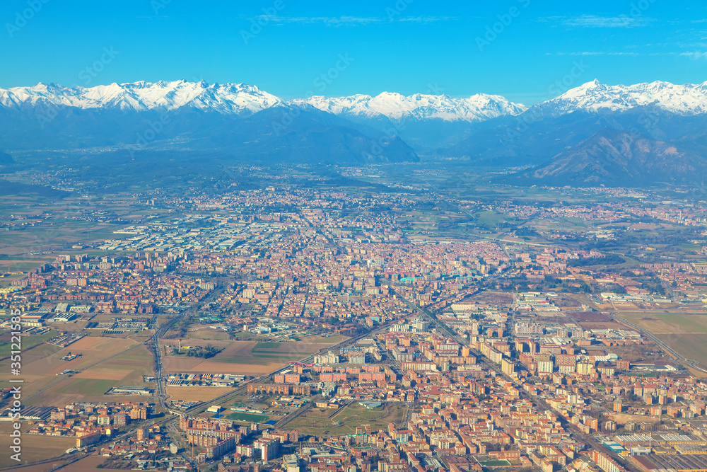 panoramic view of Turin city and Alps mountains
