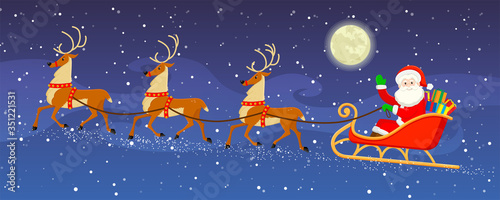 Santa and his reindeers flying across the night sky