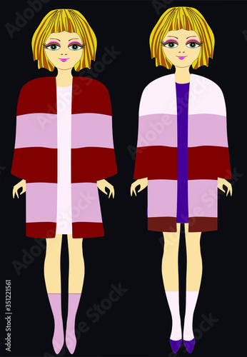 Two beautiful girls in fashionable clothes. Dresses and cardigans are dressed on models. Template. Fashion design, modeling and advertising