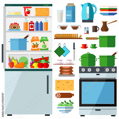 Kitchen set: household appliances, food, dishes. Vector illustration on the theme of cooking.