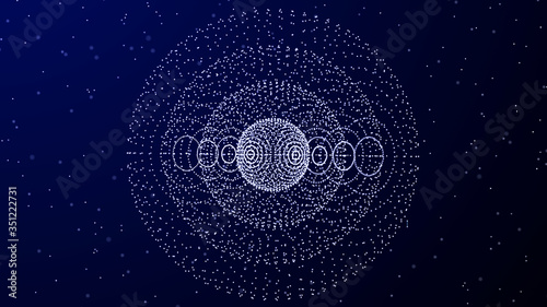 Abstract 3d sphere. Mesh of sphere with points and lines on dark background. Science and technology. 3d rendering.